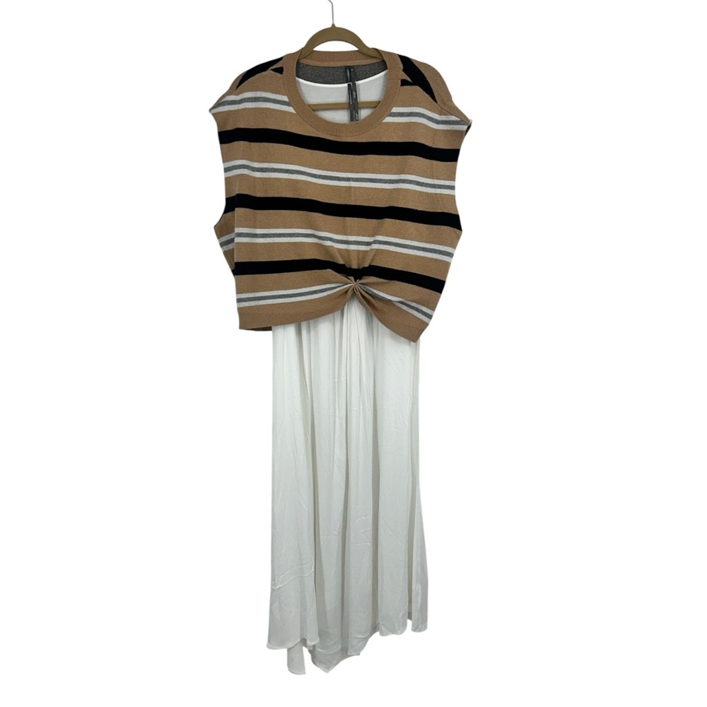 Anthropologie the Gemini cap sleeve sweater tank dress Tan Black Knit midi